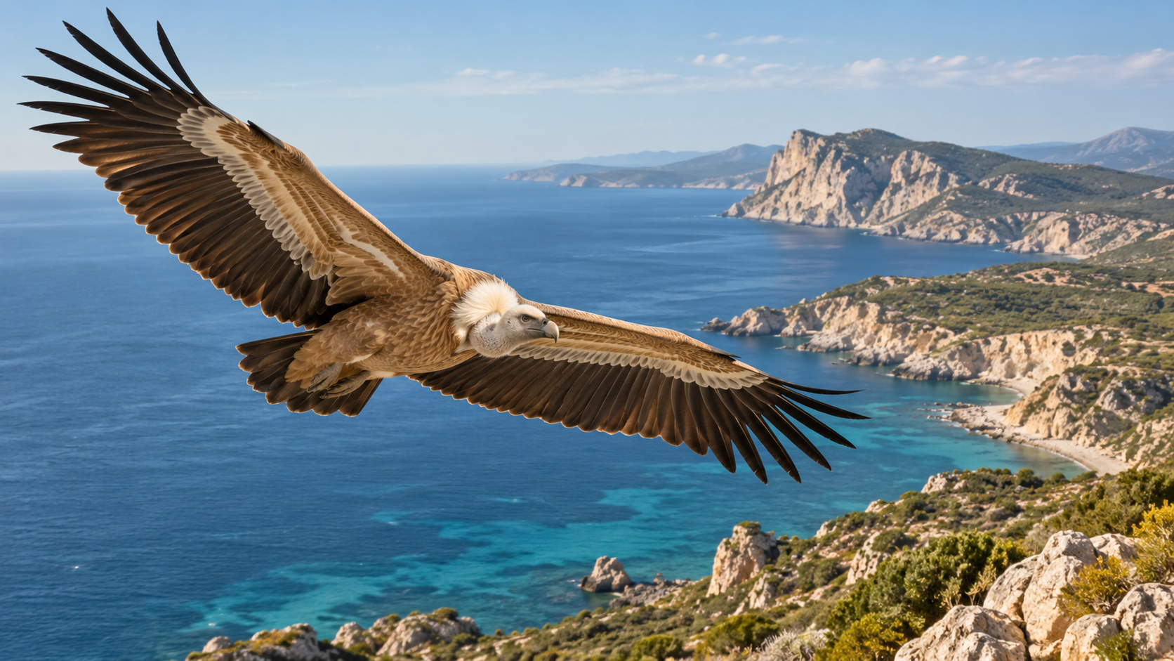 AI-generated illustration of a griffon vulture soaring above a rocky Mediterranean coastline and blue sea.