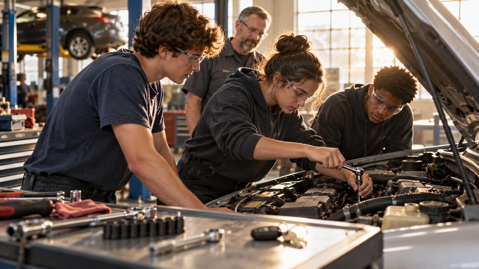 AI-generated illustration of three students repairing a car engine in a school workshop under an instructor’s supervision.
