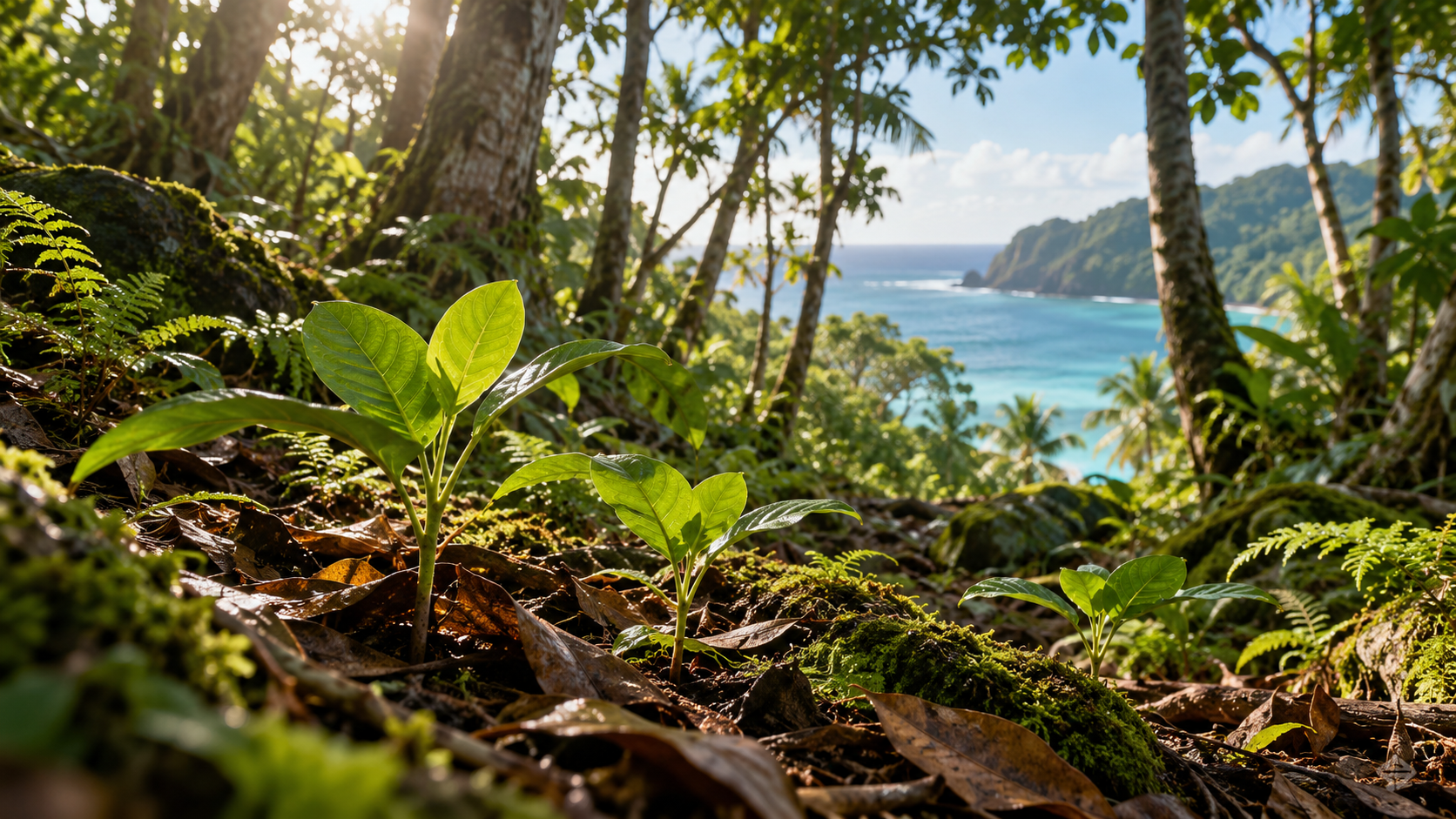 AI-generated illustration of young seedlings growing among ferns and fallen leaves in a tropical coastal forest overlooking the ocean.