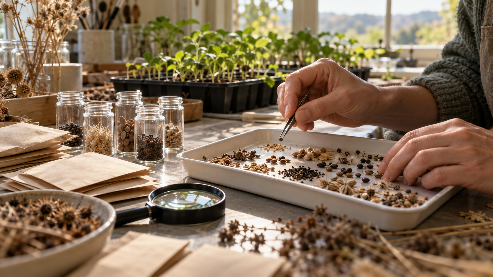 AI-generated illustration of hands sorting seeds with tweezers beside glass sample jars, paper envelopes, and trays of young plants.