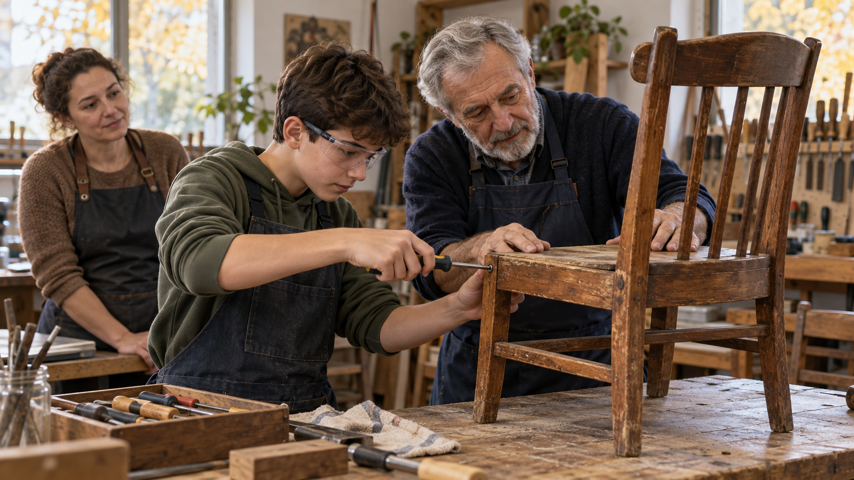 AI-generated illustration of a young person repairing a wooden chair with guidance from an older adult while another participant watches.