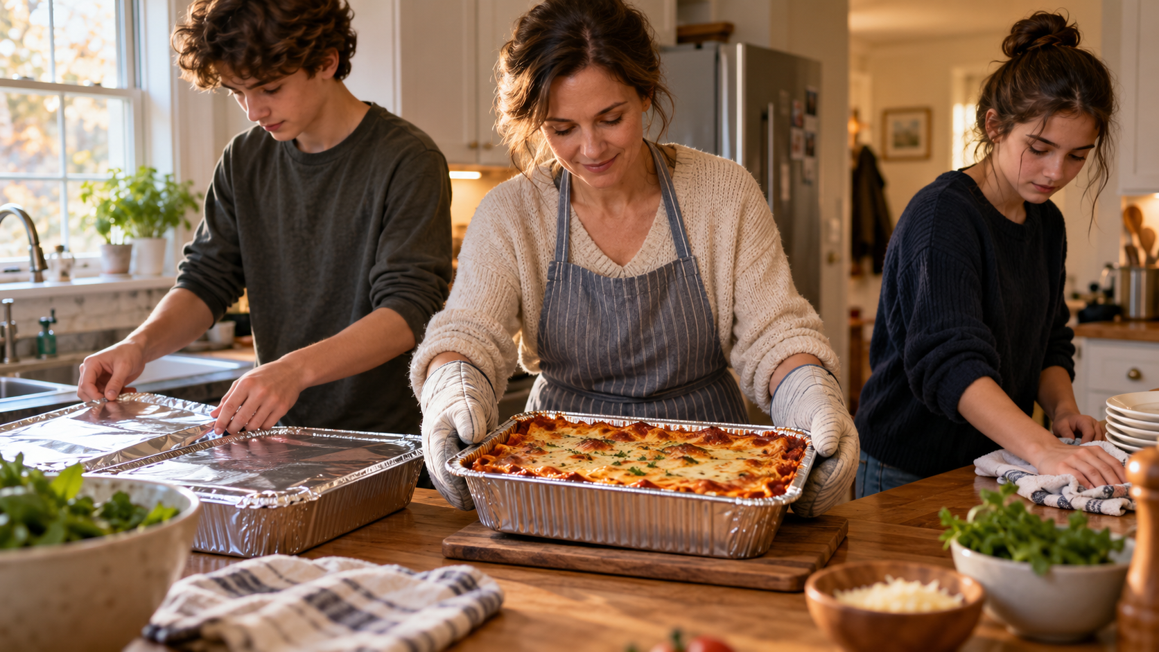 AI-generated illustration of a woman and two teenagers preparing trays of homemade lasagna in a sunlit kitchen.