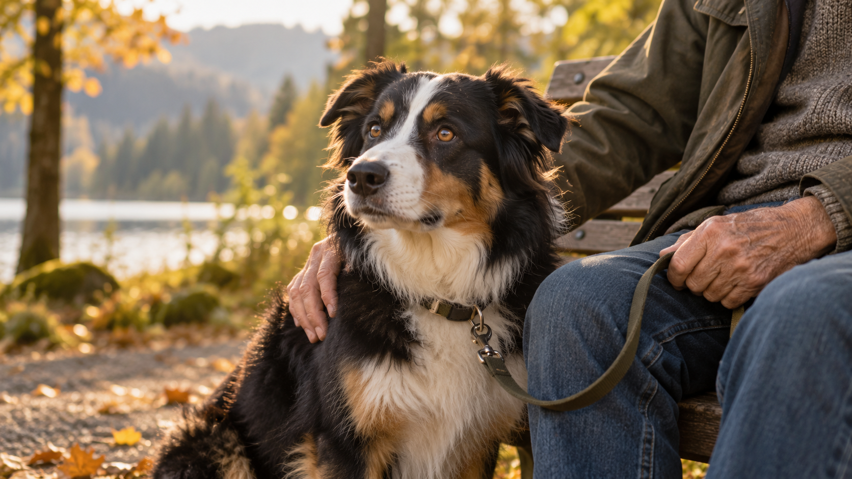 AI-generated illustration of a tricolor border collie sitting beside an older adult, whose hand rests gently on the dog’s shoulder.