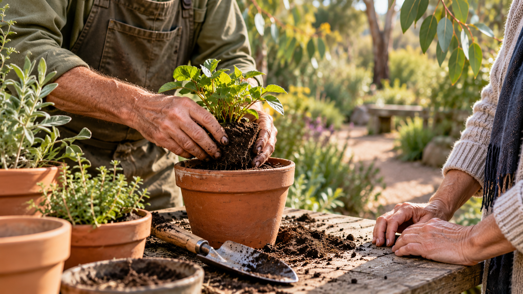AI-generated illustration of a gardener repotting a leafy plant at an outdoor workbench while another adult watches.